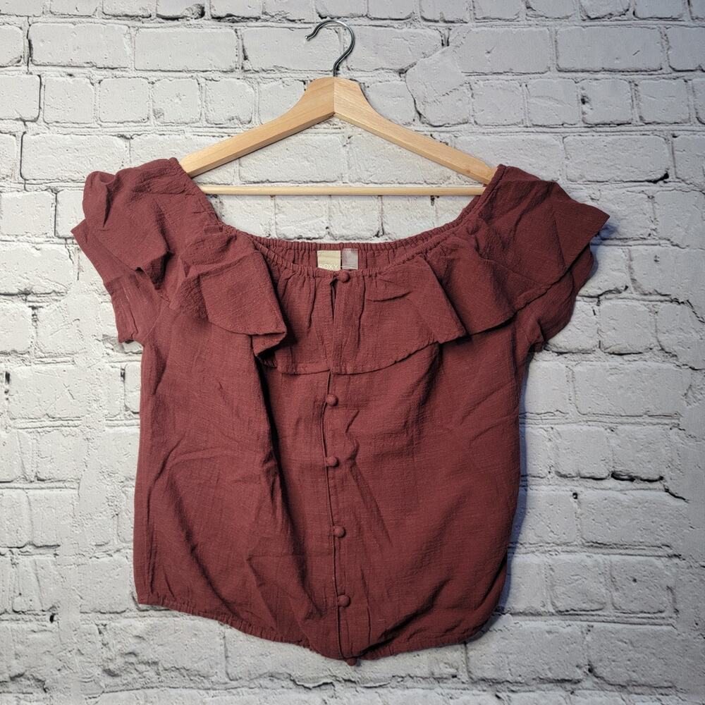 Roxy 100% Cotton Romantic Off Shoulder Ruffle Accent Wine Red Blouse Size Small